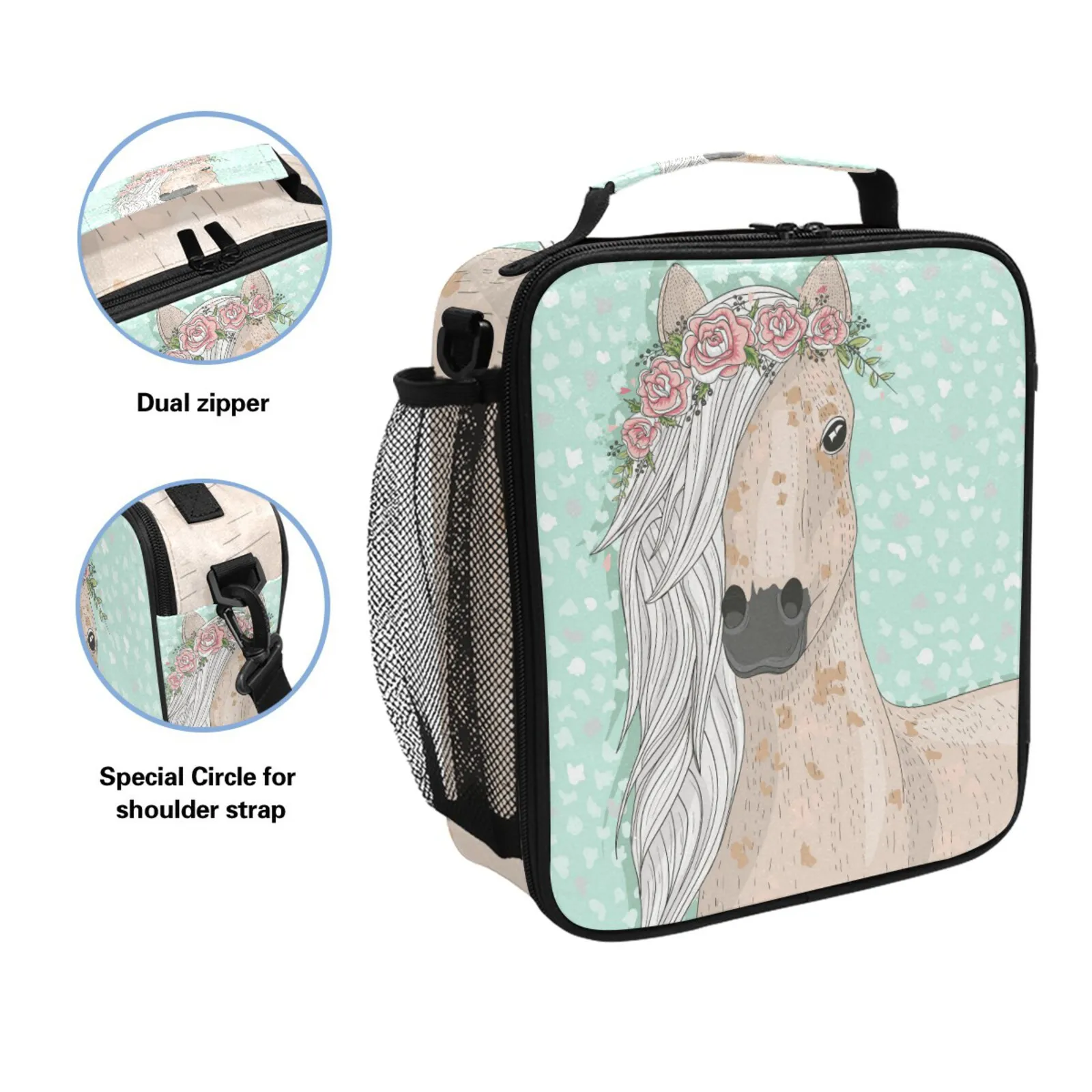 Saco de piquenique quadrado saco de almoço isolado portátil flor cavalo impressão térmico saco de alimentos para as meninas das mulheres recipiente de refeição bolsa