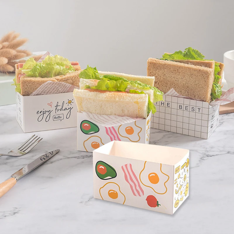 10PCS Sandwich Burger Wrapping Packaging Box Carton Toast Bread Hamburger Oilproof Paper Tray Package Pastry Bakery Party Gift