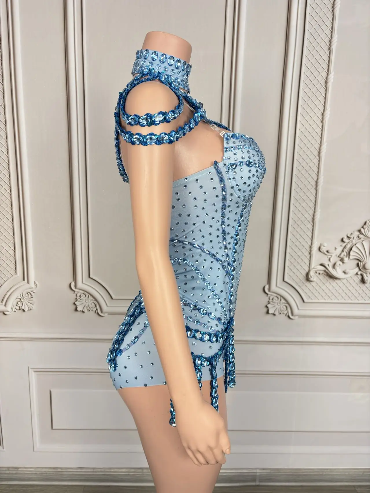 Tianlan-mono con corsé Sexy, chal con cuello desmontable, traje de actuación de Bar con diamantes de imitación azules, vestido de baile de celebridades