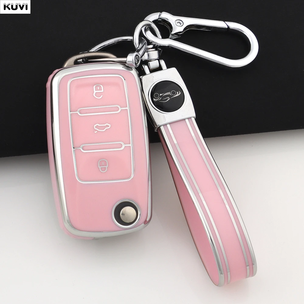 

Pink TPU Car Flip Key Case Cover For Volkswagen VW Polo Golf Passat Tiguan Beetle Caddy T5 Up Eos Skoda Octavia Seat Leon Altea