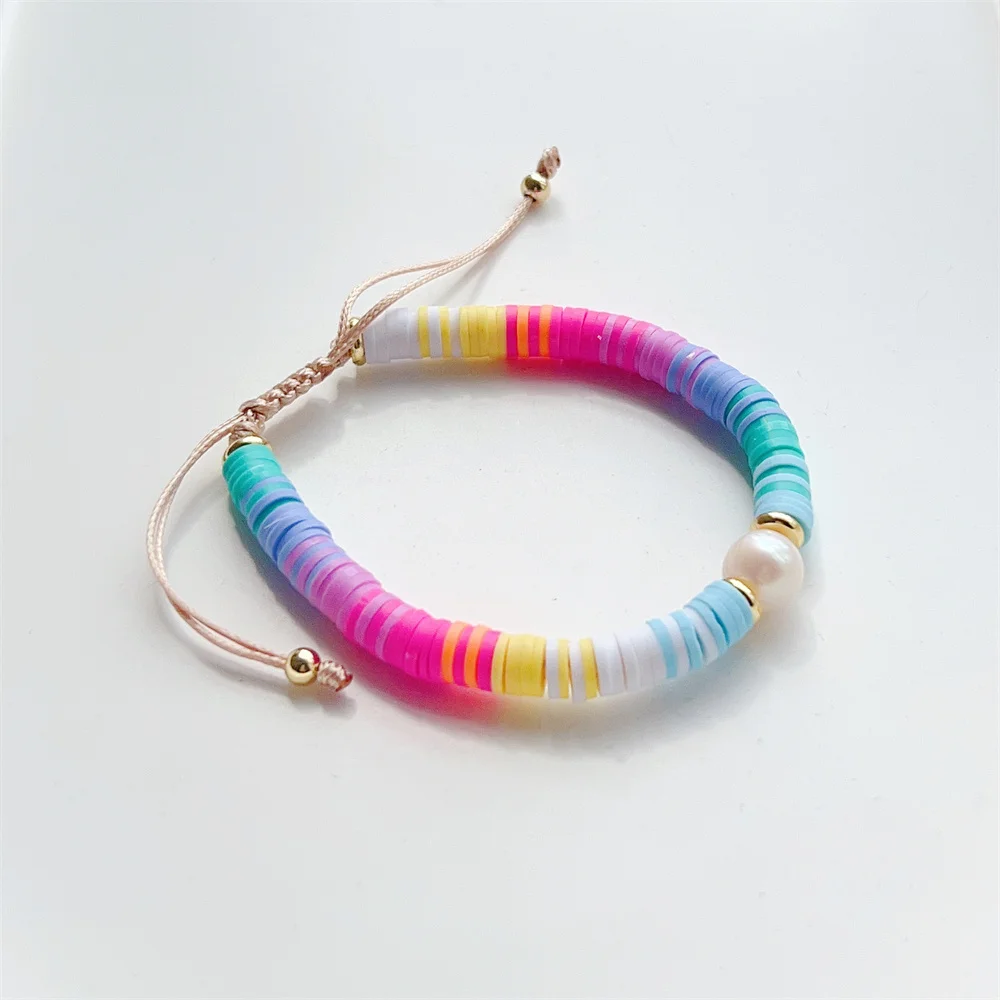 Boho Summer Rainbow Heishi Disc Bracelet Natural Pearl Bracelets for Girl Women Colorful Polymer Clay Pulseras Jewelry Wholesale