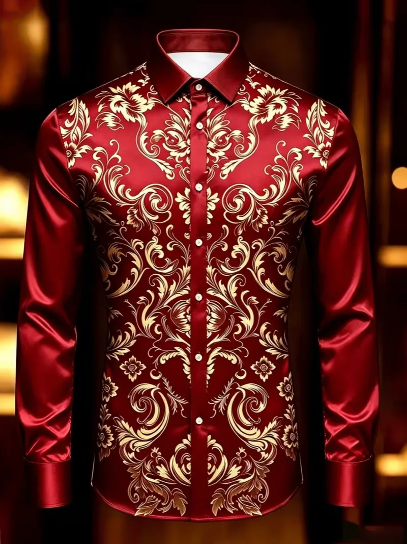 New wine red gold Baroque rolled flower long sleeved shirt, light luxury and luxurious men's formal banquet shirt