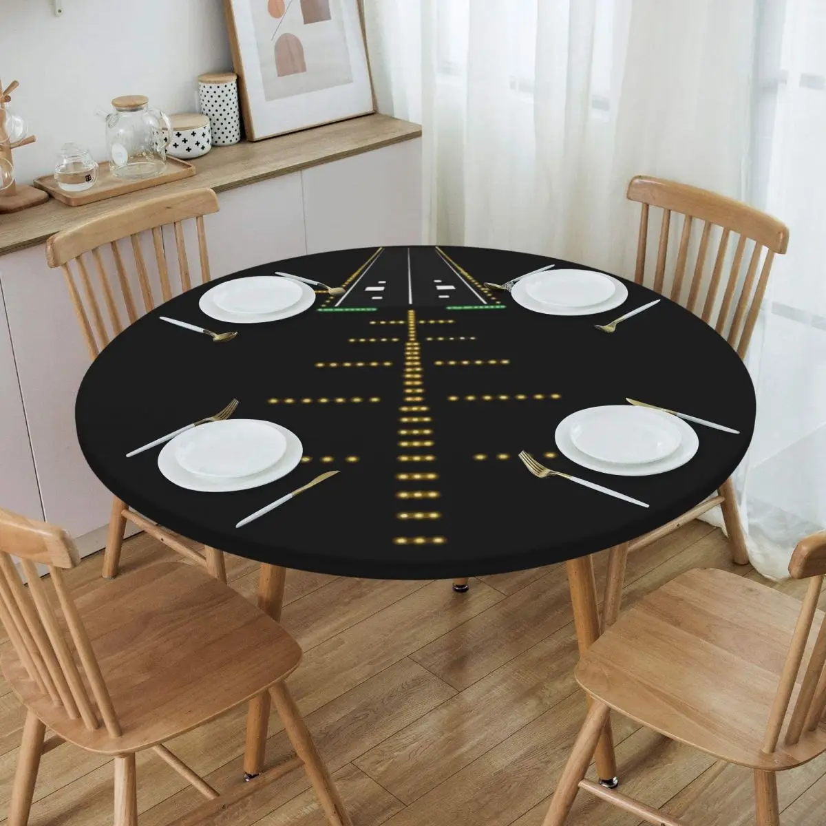 Runway Night View Aviation Airport Lights Waterproof Round Tablecloth Oilproof Table Cloth for Kitchen Events Dining Table Cover