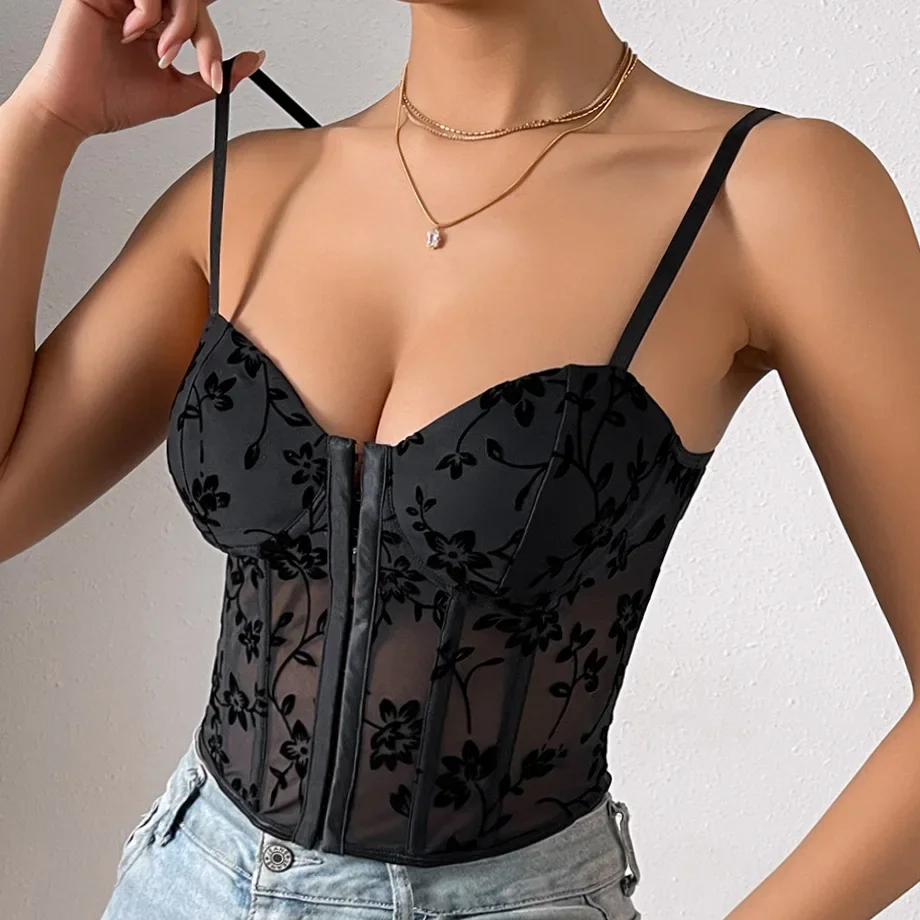 Sexy Embroidery Lace Camis Tops Women Corset Bralette Cami Front Buttons Crop Cute Vest Elegant French Chic Party Clubwear