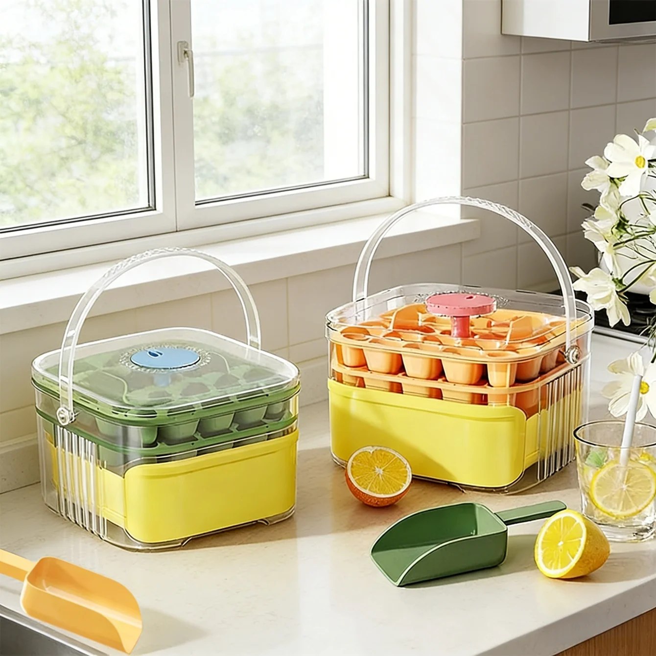 Compact Double Layer Ice Cube Tray with Lid and Bin, One-Click Demolding, Pull-Out Ice Drawer with Portable Handle with Shovel
