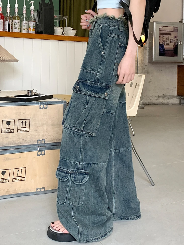 Women\'s Y2k Baggy Cargo Jeans Aesthetic Oversize Denim Trousers Harajuku Vintage Jean Pants Japanese 2000s Style Trashy Clothes