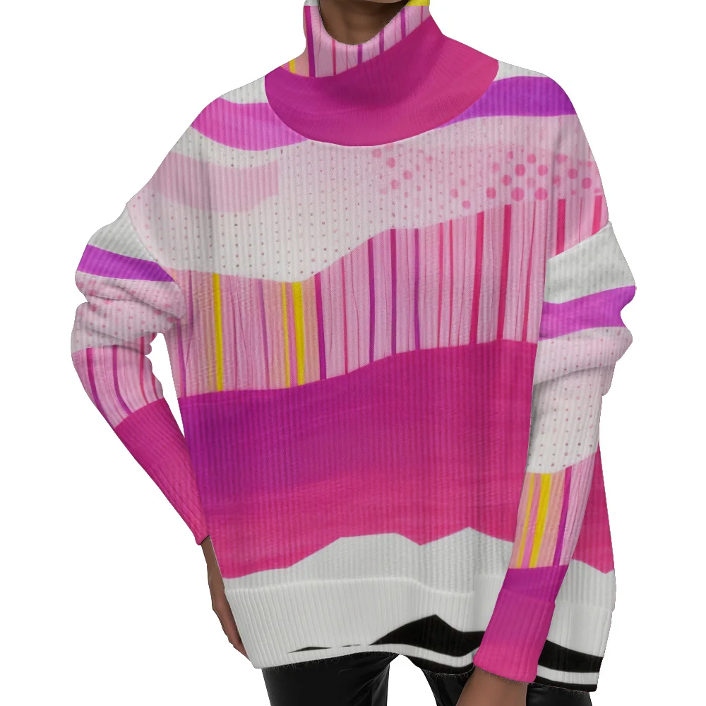 

Свитер с абстрактным геометрическим принтом Розовый Фиолетовый Белый Цветной блок Водолазка Y2K Revival Пуловер Негабаритная уличная одежда Топ Тренд