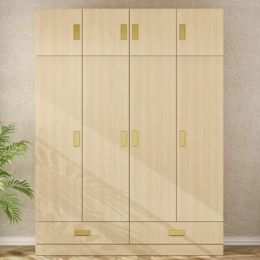 

Wardrobe Closet， 2 Drawers & Shelves，with Top Cabinets, Free Standing Clothes Organizer Cabinet for Bedroom, Light Brown