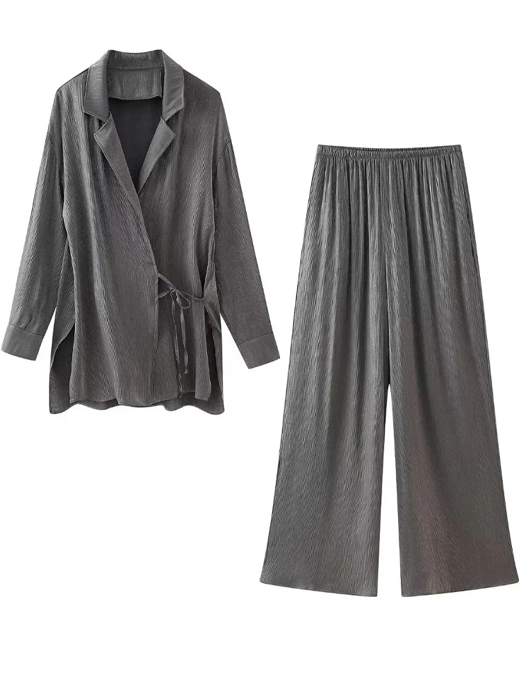 

Pajamas for Women Fashion Two Piece Set Grey Lace Up Loose Coats Vintage High Elastic Waist Trousers Feamle Pants Sets Outfits
