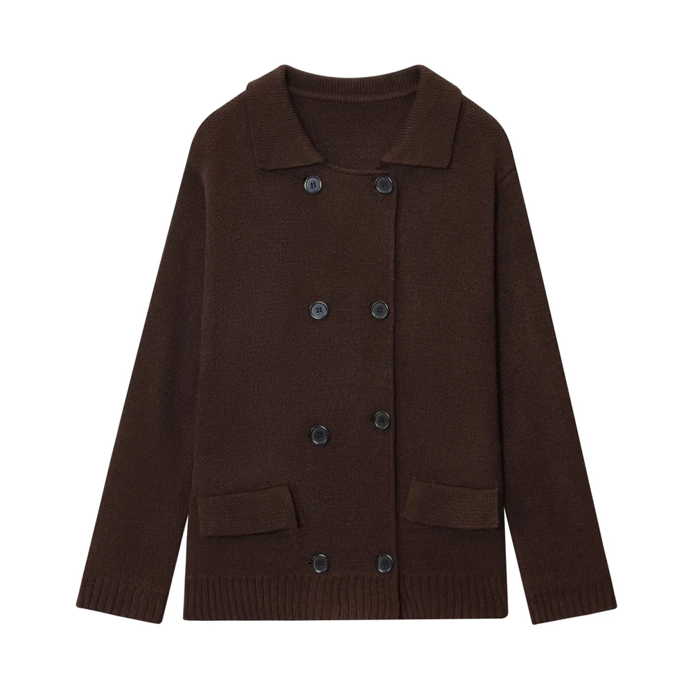 

women's new loose casual long sleeved double breasted lapel cardigan solid color comfortable knitted cardigan