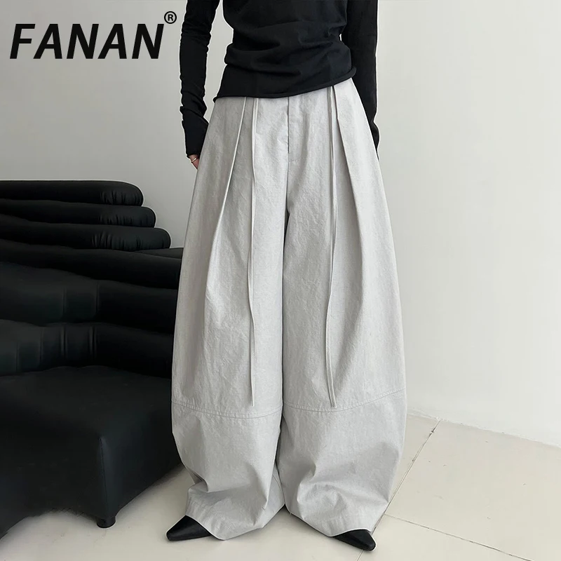 

FANAN, плиссированные широкие брюки с высокой талией в корейском стиле, женские свободные брюки на шнурке, офисная женская одежда, новинка осени 2023 г.