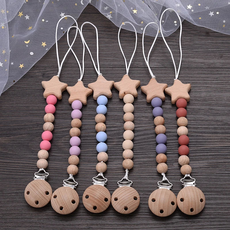 Beech Wood Chew Bead Pacifier Clips Chain Pentagram Dummy Chain Holder Soother Chains Nipple Holder For Baby Chew Teething Toy