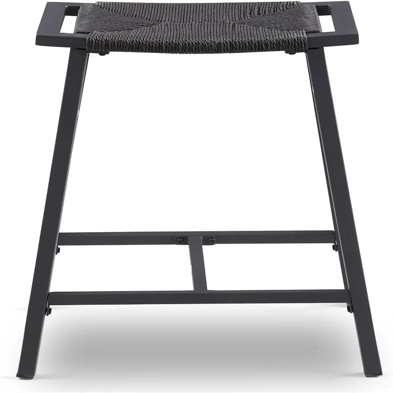 Counter Height Backless Bar Stool for Kitchen Island, Black Rope Wicker Pattern Weave Seat,Saddle Stools with Metal Base