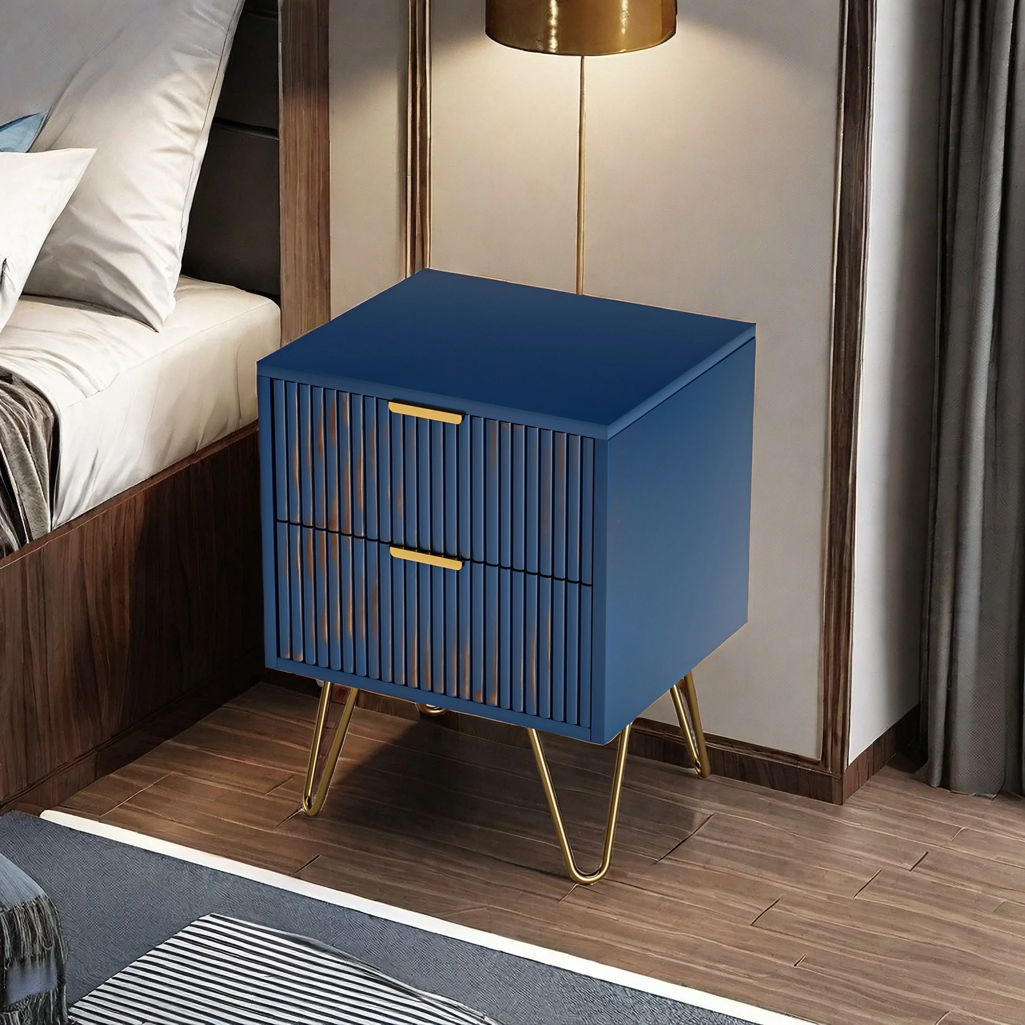 Blue Bedside Table with 2 Drawers, Vertical Grain Modern Bedside Cupboard, Light Luxury Living Room Chest of Drawers, Nightstand