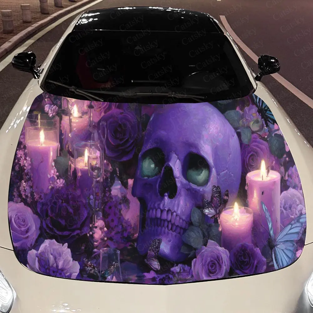 Autocollant de couverture automatique de crâne Floral violet Spellbinding, autocollant de capot automatique imperméable et auto-adhésif, enveloppes en vinyle automatique, Cool Car Ex