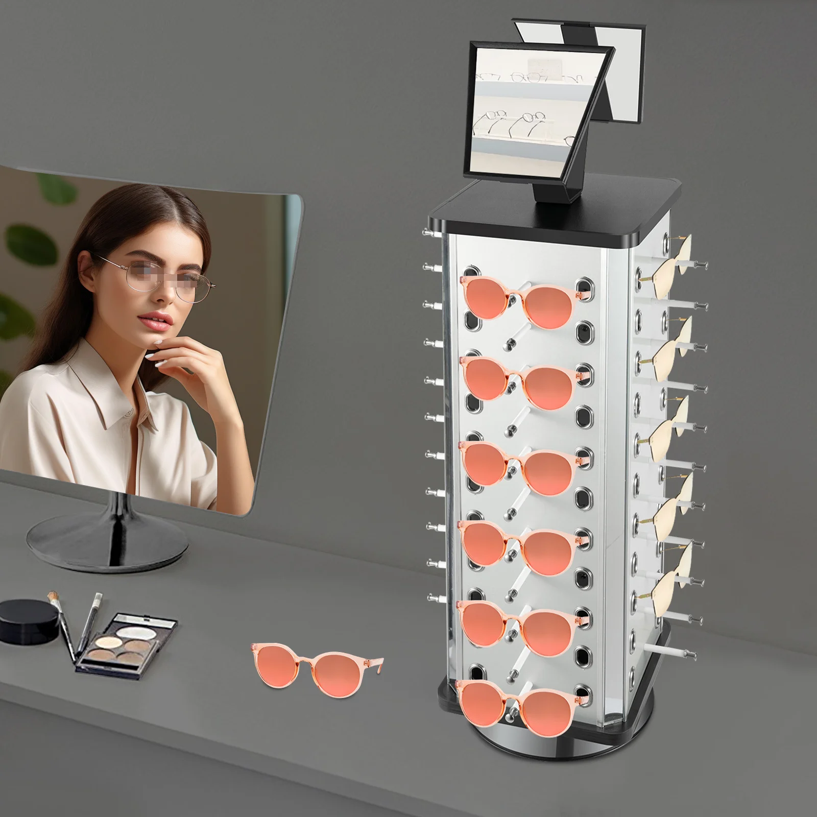 

360 ° Вращающаяся подставка для очков, вместимость 44 пары, держатели с защитой от опрокидывания, компактное хранилище для опточных магазинов и домов