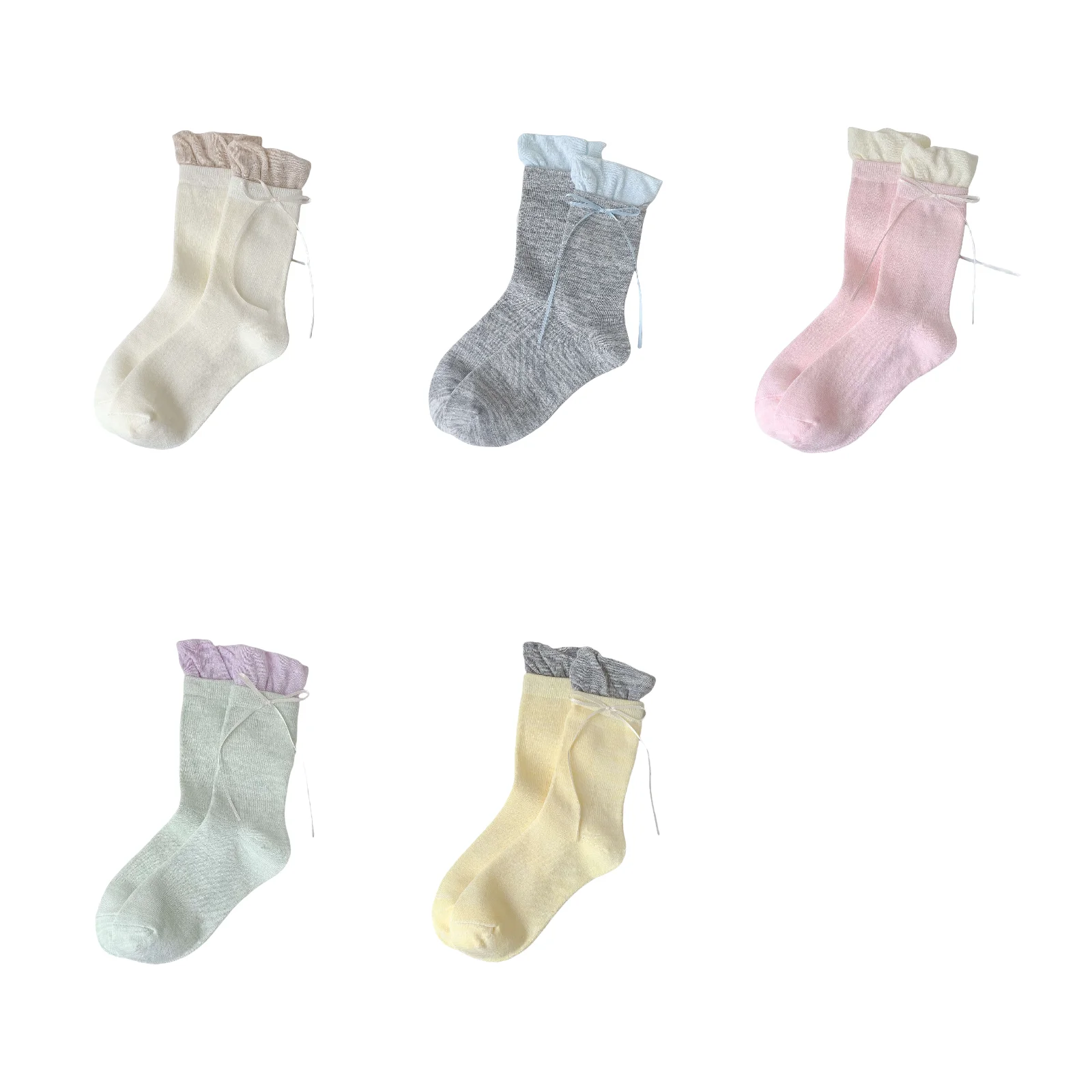 

Носки средней длины с цветными блоками и рюшами для женщин и девочек, в японском стиле, с милым бантом-лентой, акцентный декор, чулочно-носочные изделия