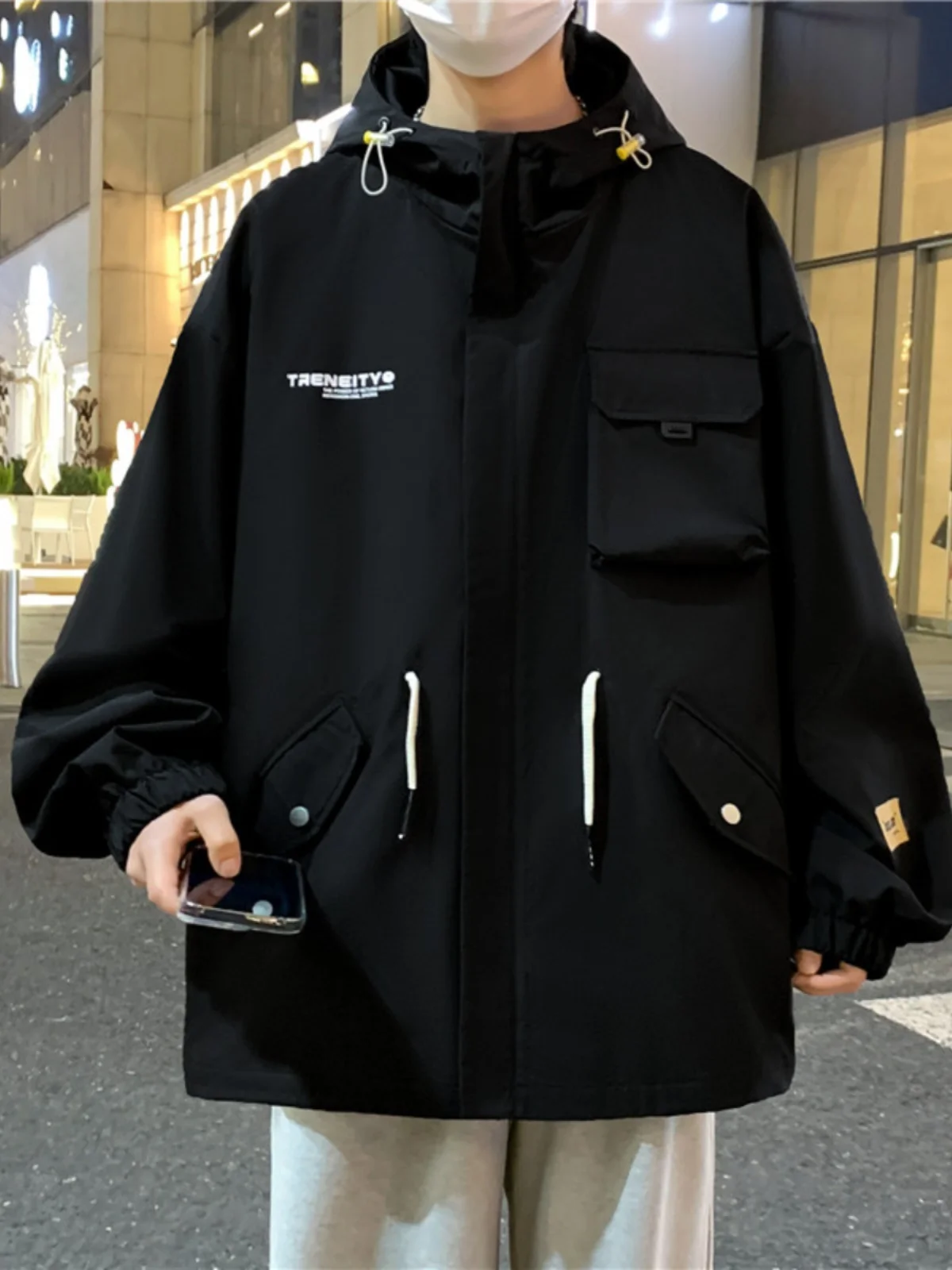 

Мужская рабочая куртка на осень, новая модель, оверсайз, большие размеры, с капюшоном, на молнии, с декоративными элементами, с защитой от сминания, повседневная куртка