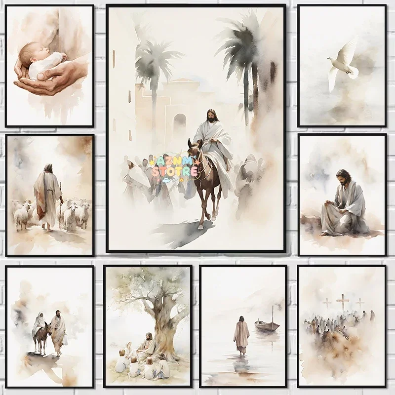 Minimalist Jesus Riding into Jerusalem Christian Cross Religious Poster Canvas Painting Wall Art Pictures Home Living Room De