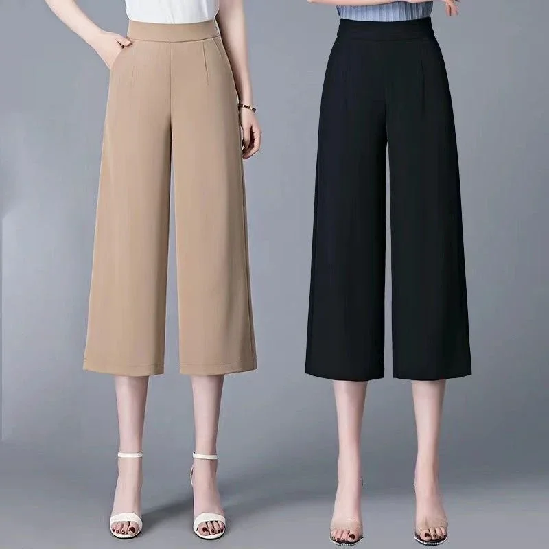 

Summer Thin Ice Silk Chiffon Versatile Loose Wide Leg Pants Women's Solid Elastic High Waist Pockets Versatile Straight Trousers