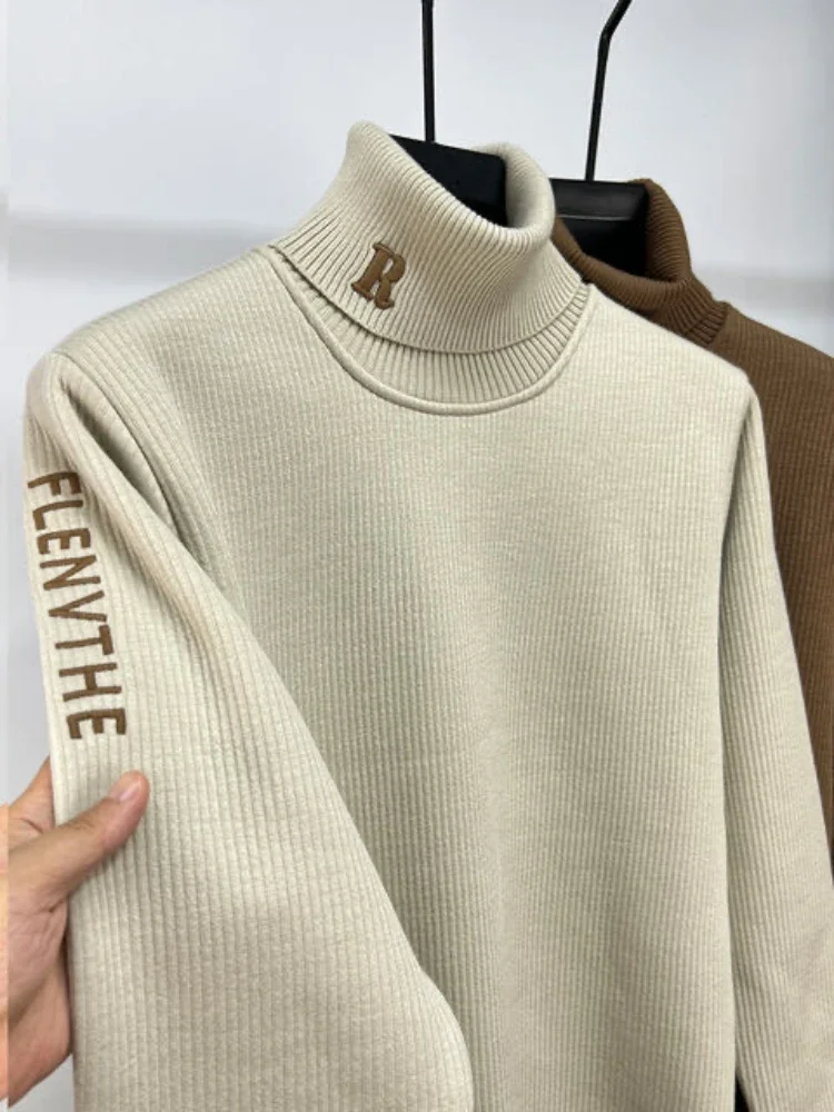 High End Brand Trend Letter Embroidery Knitted Sweater Men's Autumn Winter New Plush Thickened Casual Warm High Collar Pullover