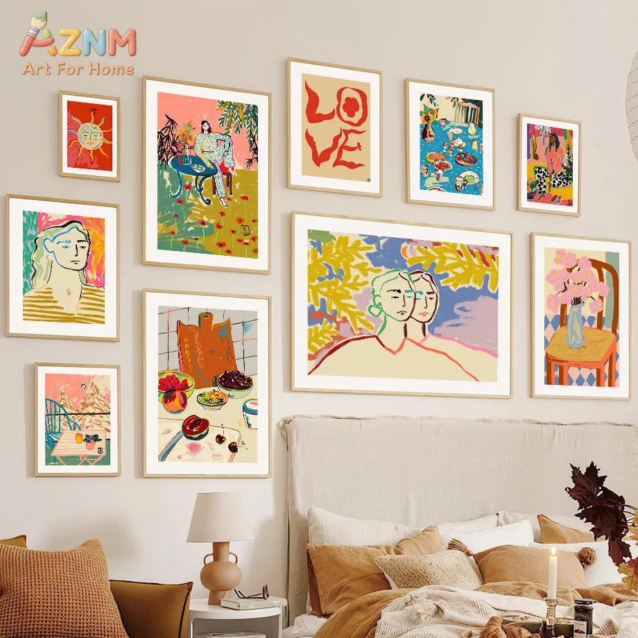 AZNM Matisse Style Colorful Abstract Figure Floral Still Life Canvas Wall Art Boho Vibrant Line Print Unframed Canvas For Bedroo