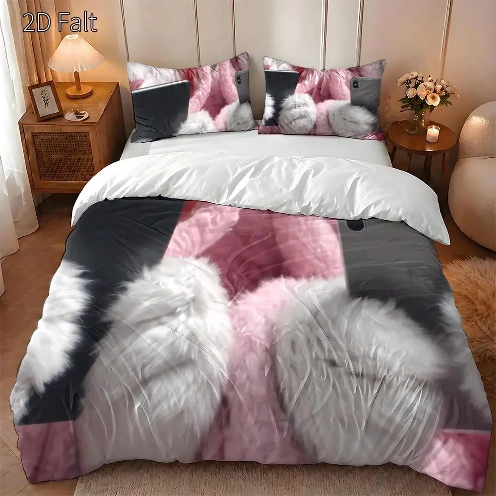 Christmas Bedding Set with Pillowcases and Duvet Cover, 3-Piece Set, 1 Duvet Cover + 2 Pillowcases (Without Filling) 2D Flat Printing, Pink Rabbit Paw Print Theme, Cute Cartoon Style, Halloween Party Decoration, Essential for Creating Atmosphere