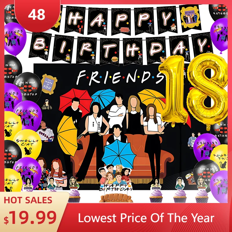 US TV Friends Theme Adult Birthday Party Balloon Banner Background Cake Topper Decor Supplies Gifts Gathering Photo Shoot Props