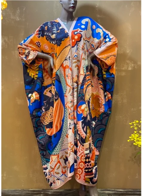 Abaya Dubai Muslim Lady Ramadan Holiday V-Neck Long Kaftan Dress Summer Boho Sexy Lady Beach Loose Silk Caftan African Clothes