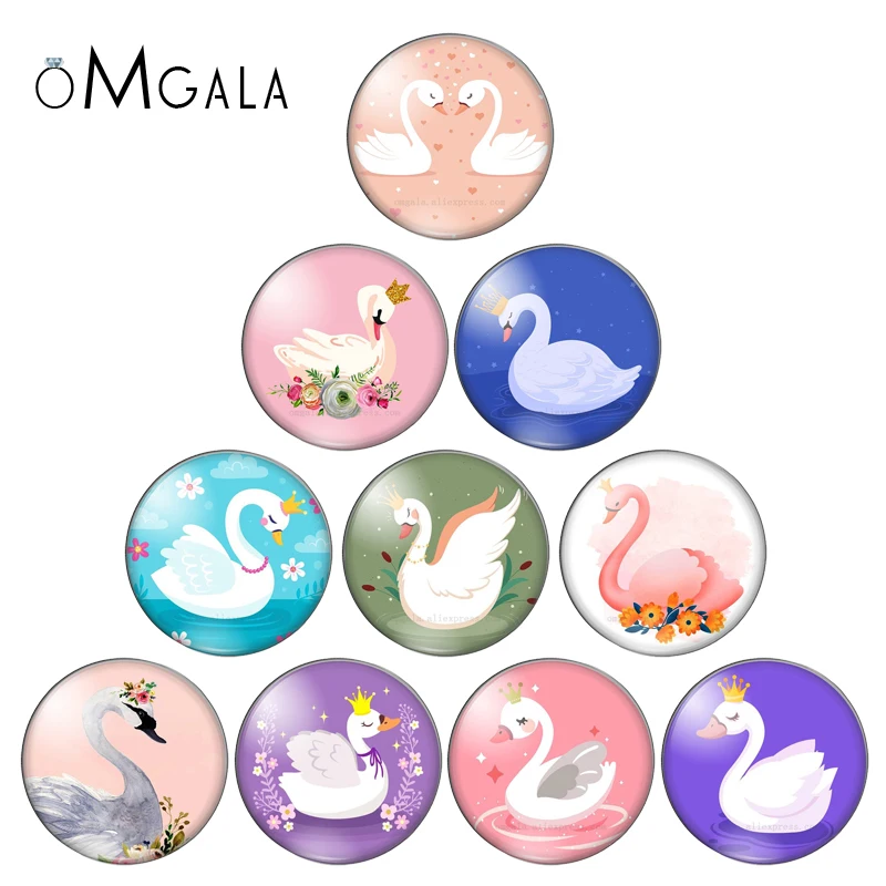 New beauty artistic Swan mixed 10pcs 8mm/10mm12mm/18mm/20mm/25mm Round photo glass cabochon demo flat back Making findings