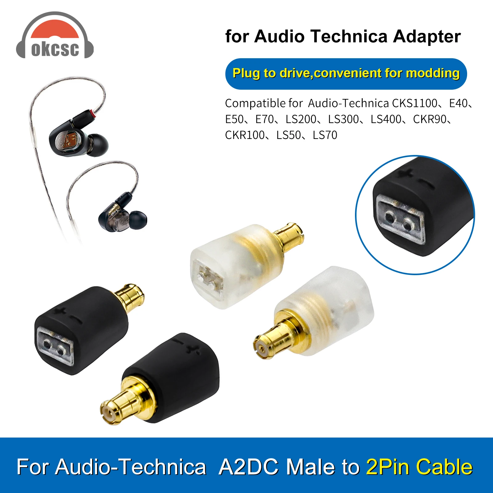 OKCSC Headphone Connector A2DC Male to MMCX/0.78mm 2 pin Female  Adapter for Audio Technica ATH-LS70iS ATH-LS200iS Headphones