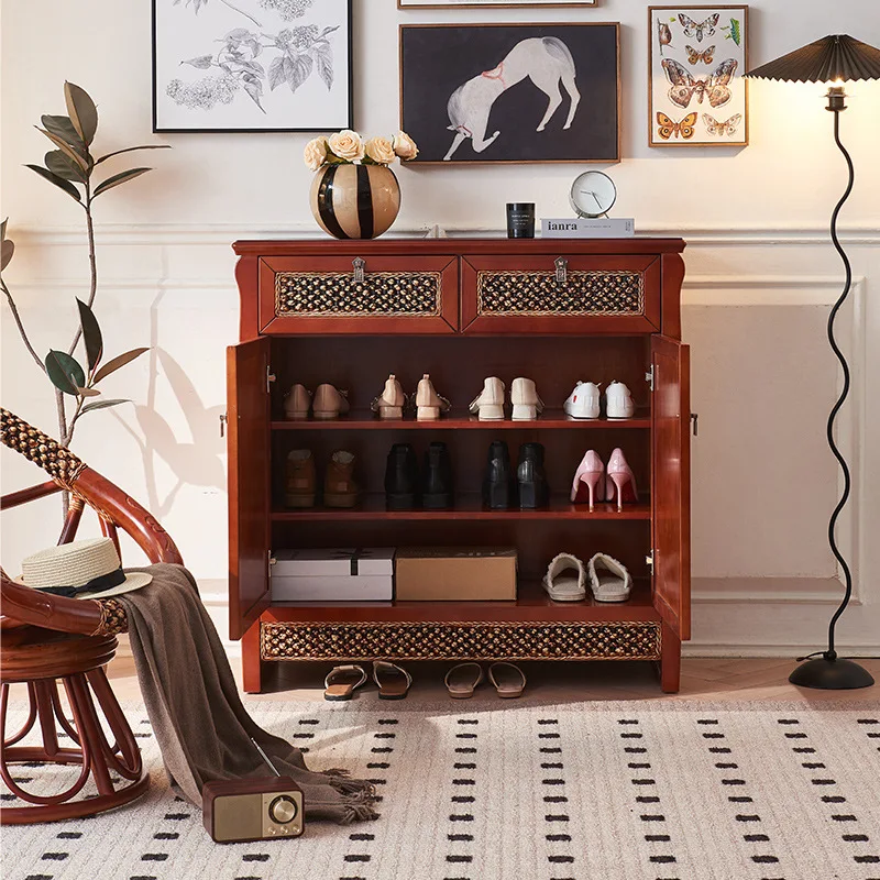 

Clearance Classical rattan shoe solid wood living room household double drawer door three-layer storage beech shoe cabinet