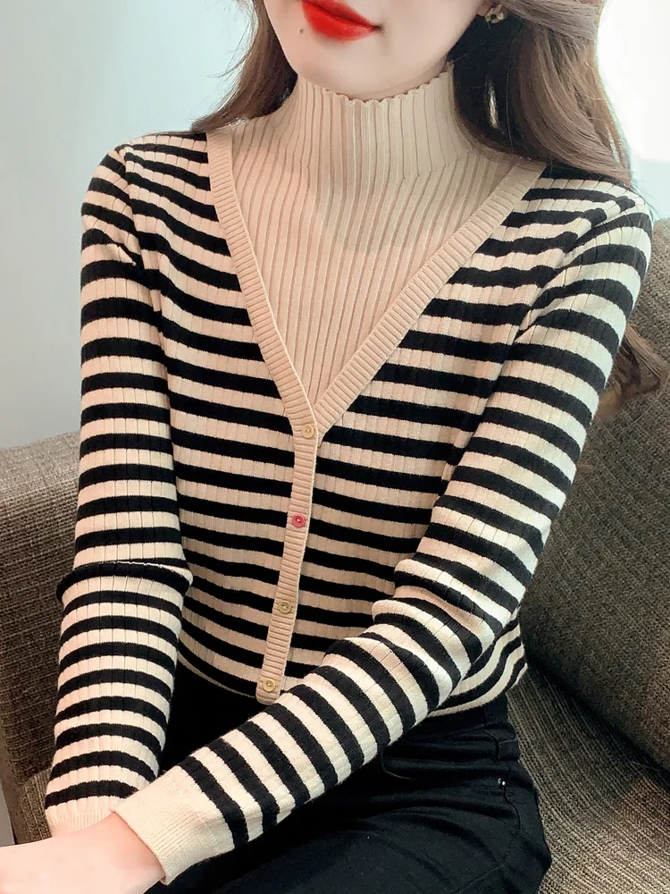 

Women's Stripe f High Ne Knitwear Base irt 2023 New Sle Autumn Winter Versatile Slimming Fake Two-Piece Top