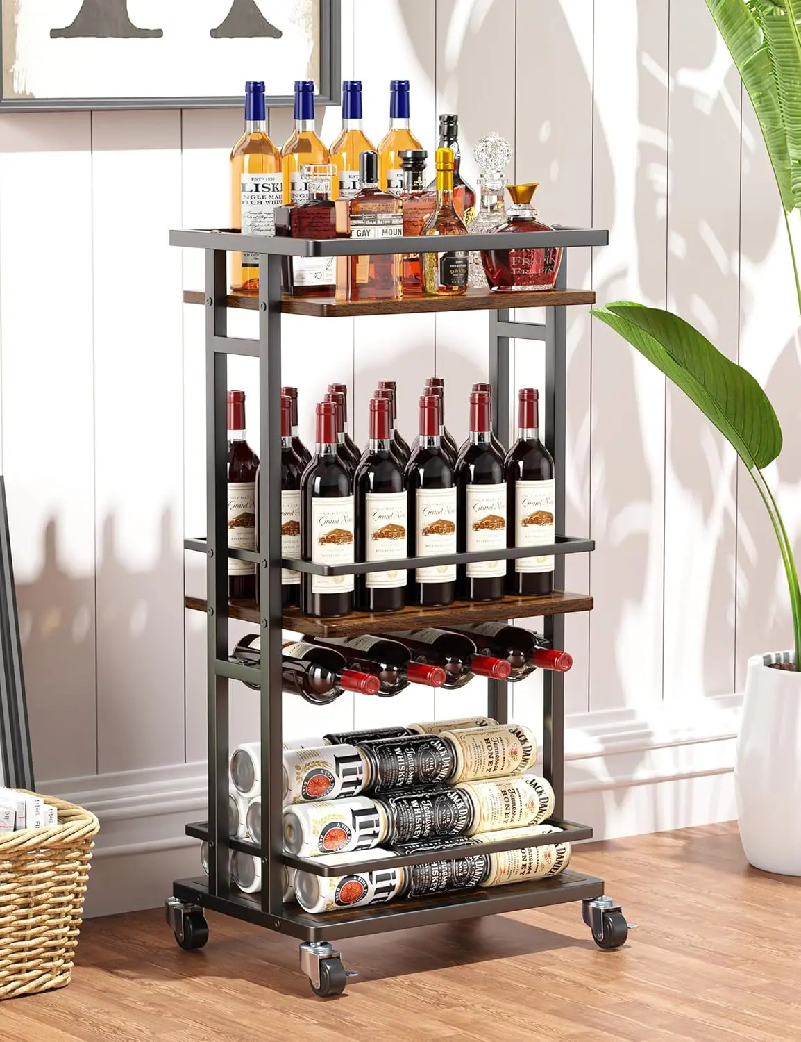 

3-Tier Rolling Bar Cart with Wine Rack, Mini Home Liquor Cabinet for Parties and Small Spaces
