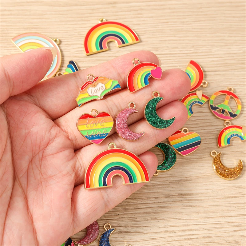 10 Stück Niedliche Bunte Emaille-Regenbogen-Herz-Mond-Anhänger für Schmuckherstellung, Halsketten, Ohrringe, Armbänder, DIY-Bastelzubehör – Detail 2