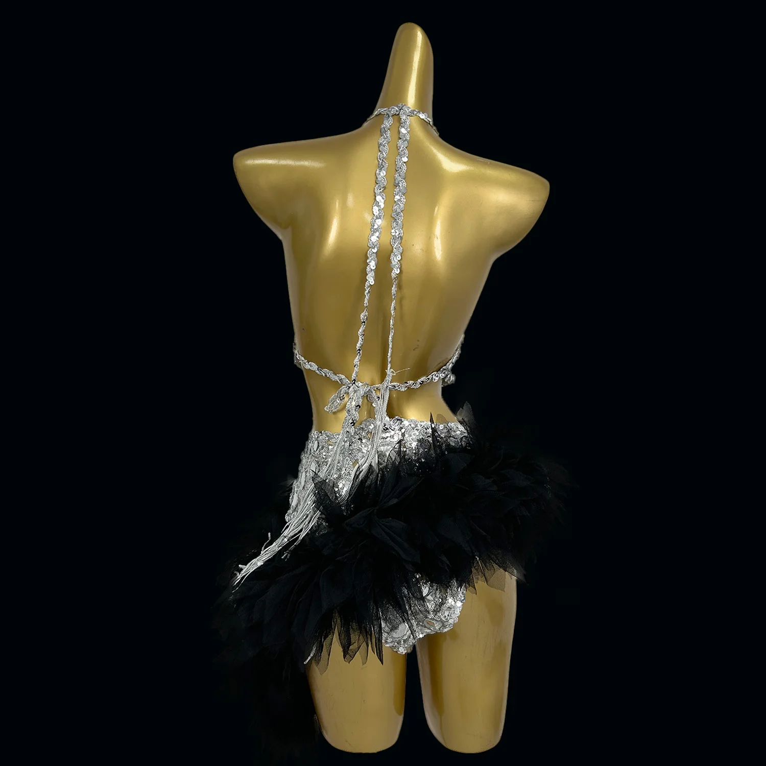 Female Celebrity Sexy Backless Feather Short Skirt Irregular High Slit Pants Female Singer Stage Performance Costume Party Dress