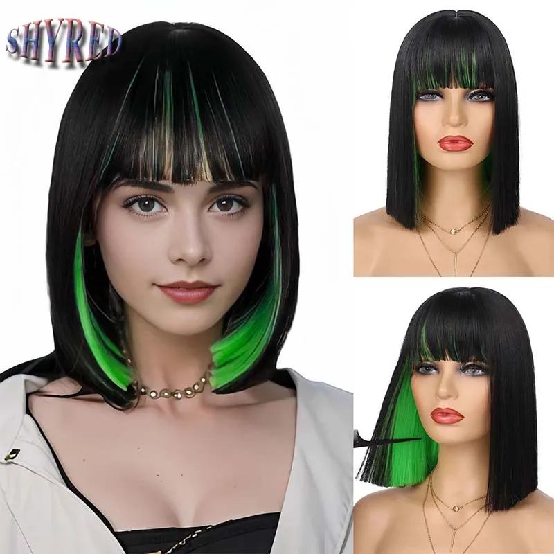 

Synthetic Straight Hair Bob Wigs for Women Short Black Mixed Green Highlight Bob Wig Straight With Bangs Lolita Cosplay Wig