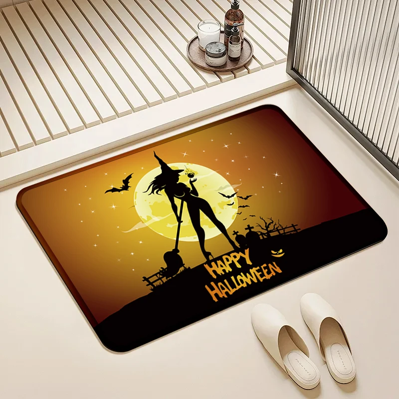 Happy Halloween Doormat Witch Silhouette Cemetery Moon Bat Non-Slip Floor Mat Entrance Door Rug Home Decor Holiday Party