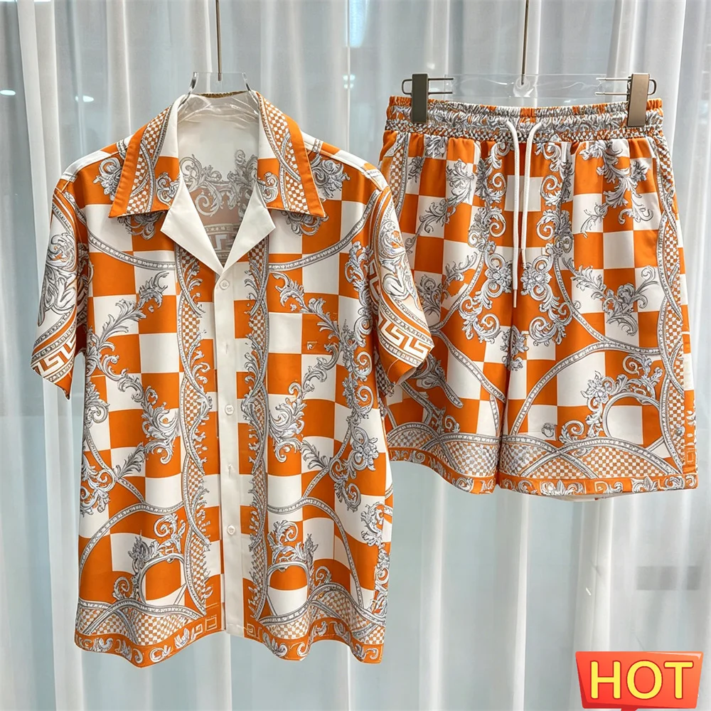 Summer mens shirt set Grid print Leisure vacation two-piece set men's matching sets menswear clothing Two piece shorts shirt set