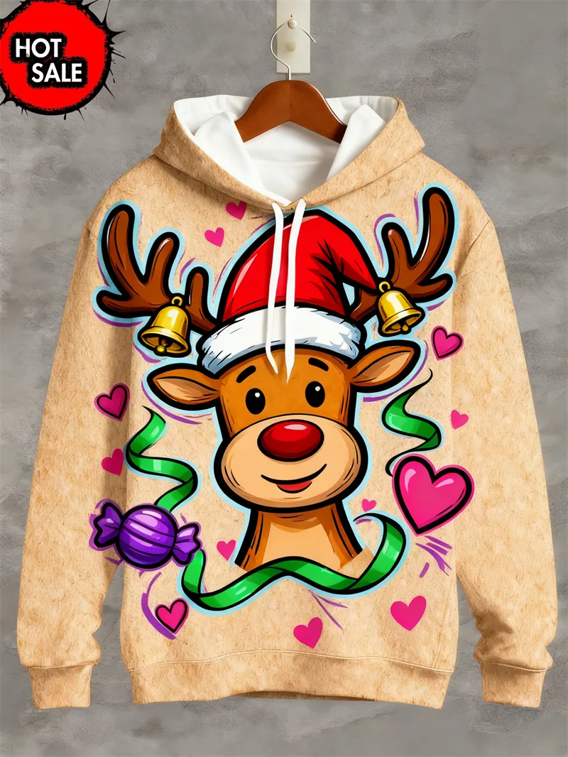 Merry Christmas Deer Graphic Man Hoodie Casual Pullover Hoodies for Women Clothes Santa Claus Hoody Sweatshirts Unisex Tops Y2K