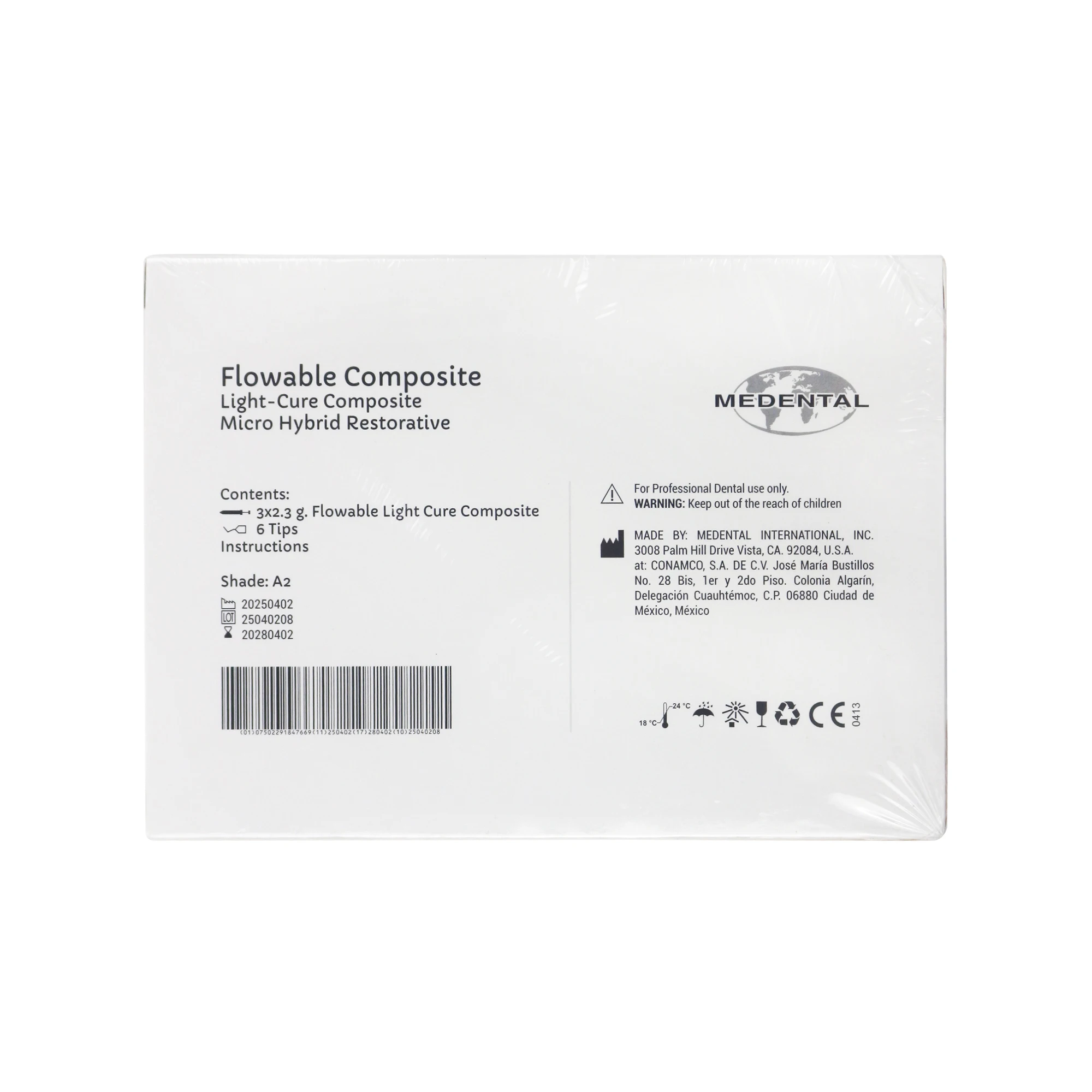 Dental Light Cured Flowable Composite Resin A2&A3 Shade, Cavity Restoration Filling Material, 2.3g/Syringe, 3 Syringes/Box