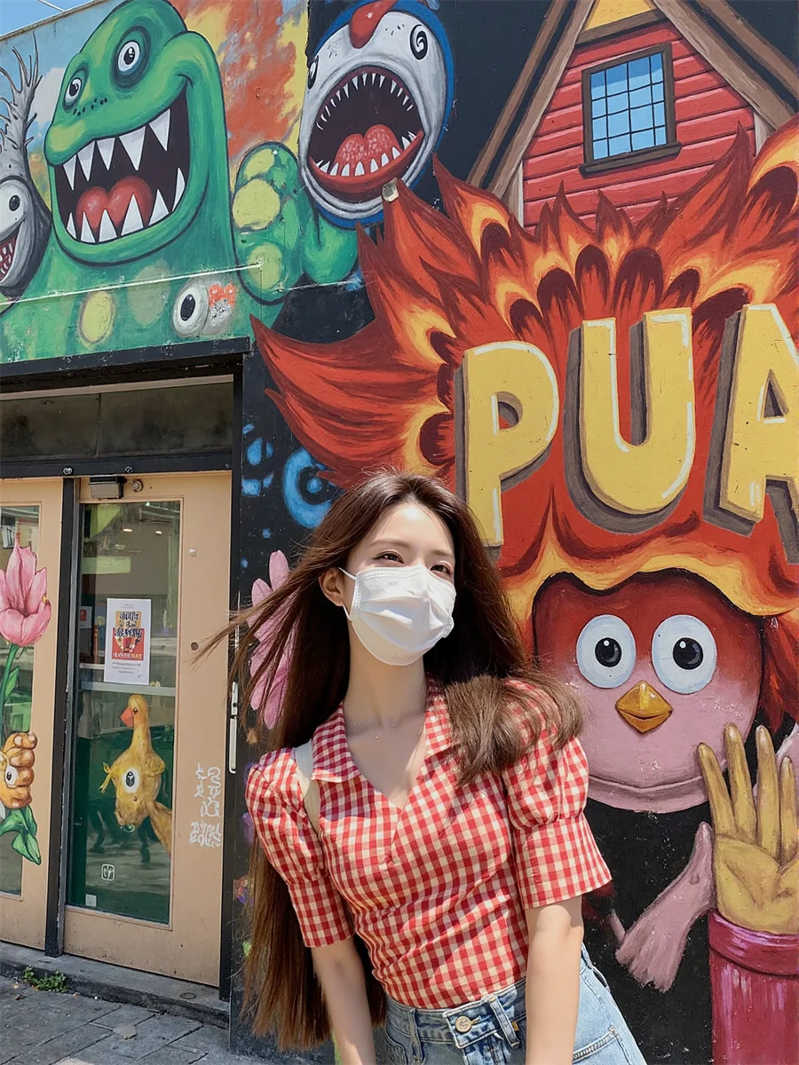 

Клетчатые рубашки с пышными рукавами, элегантные женские блузки, одежда, женская осенняя синяя верхняя часть с тонкими каракулями, трендовая красивая наклейка, пышная наклейка