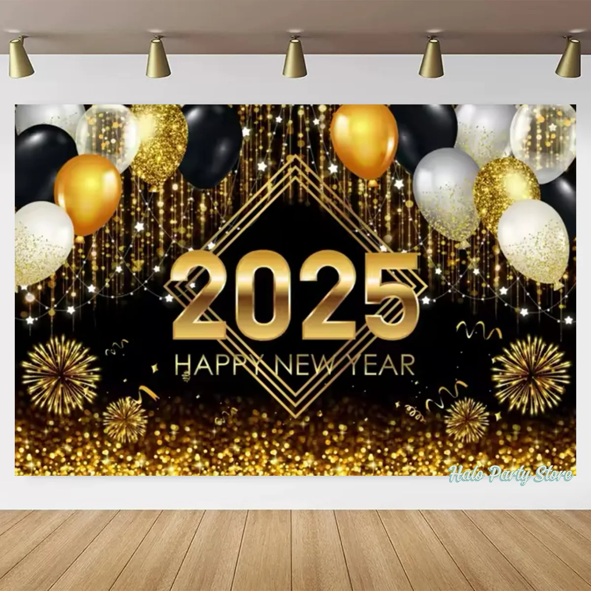 2025 Happy New Year Theme Party Background Fireworks Clock Golden Balloon Family Party Banner Decoration Photography Background