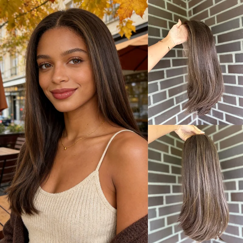 

Женский парик 2026 года: кружевной, коричневый с блонд-отливами, прямой, без клея, с естественной линией роста волос (как еврейский парик), 100% натуральные волосы