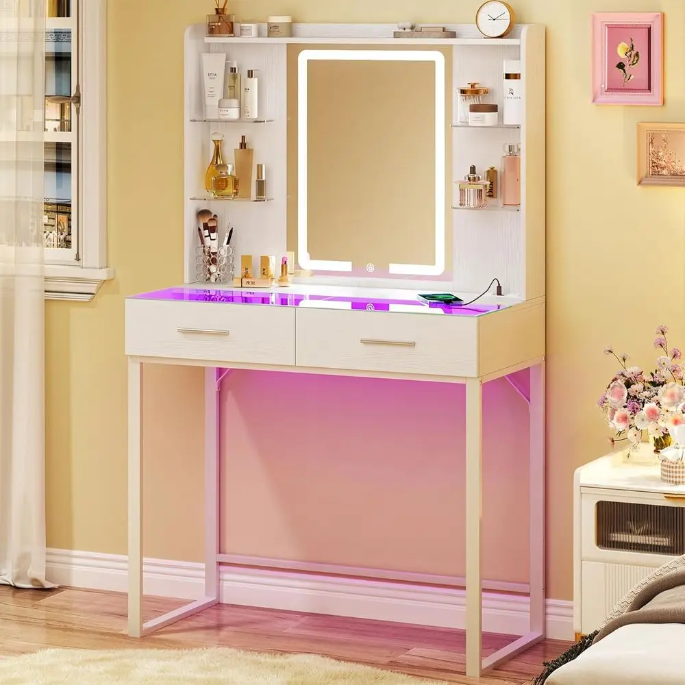 

HUAHUU Vanity Desk with Mirror and LED Lights, 31" Small Makeup Vanity with Glass Top & Power Outlet, Vanity with 3 ColLight, RG