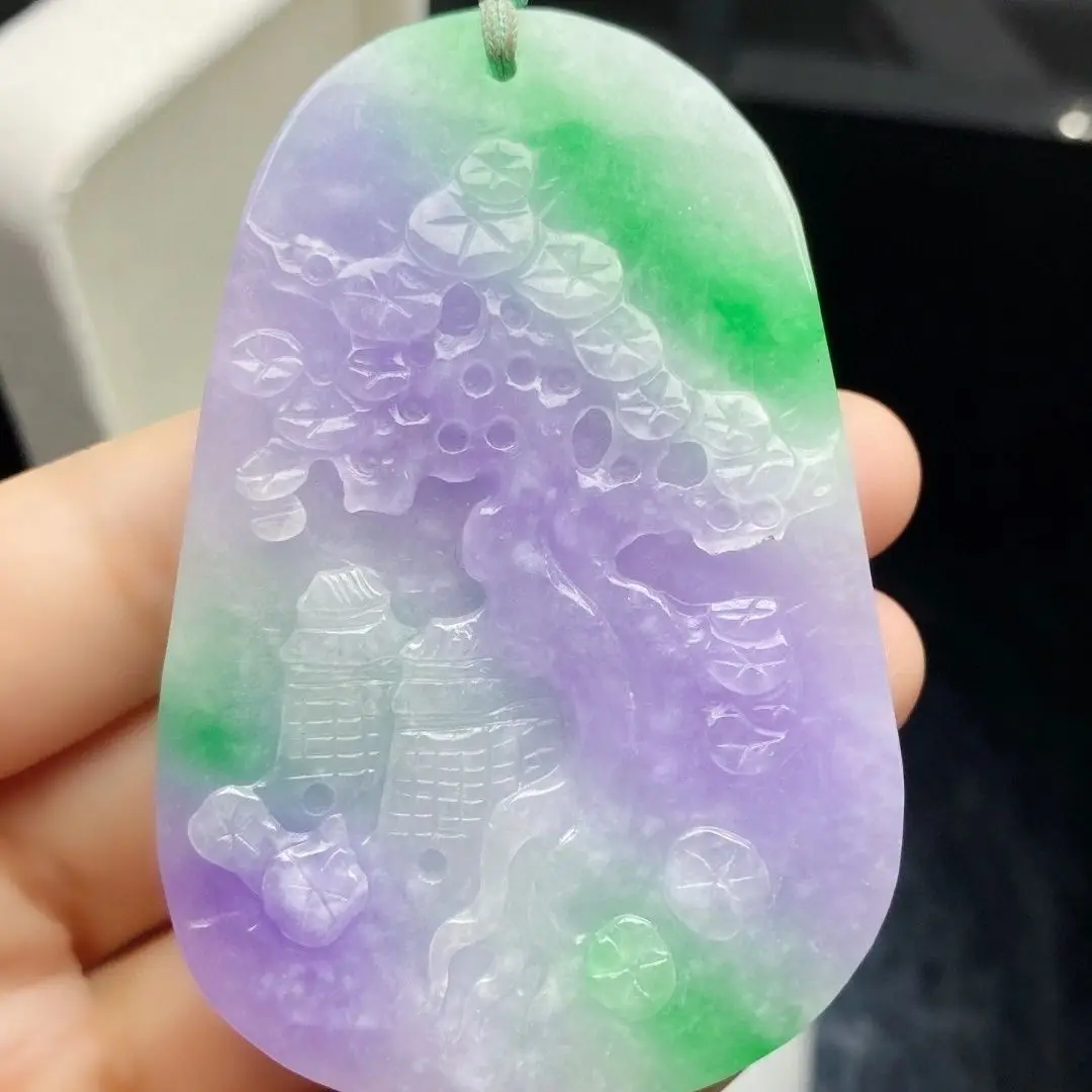 Myanmar natural jadeite A goods Laokeng landscape brand pendant full of green landscape men's and women's jade pendant genuine l