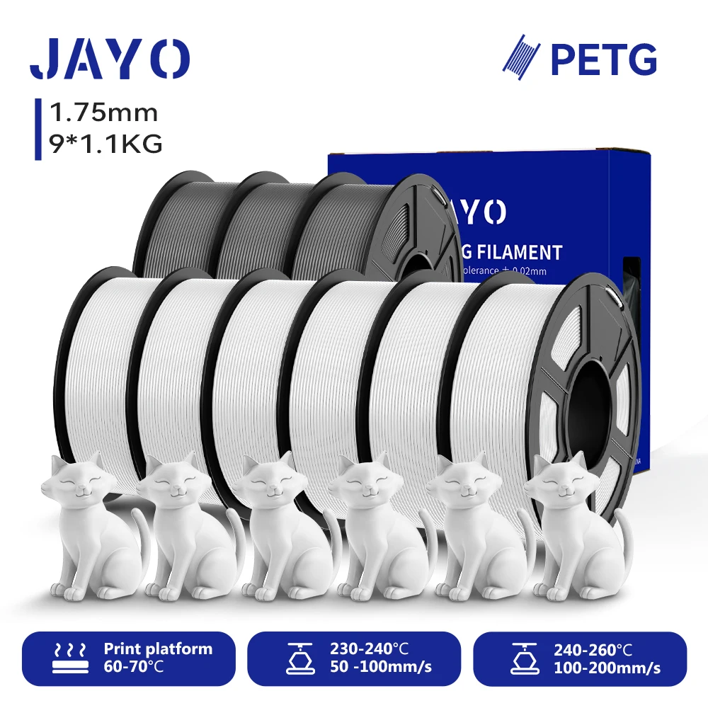 JAYO 9 Rollen 3D PETG/PETG Klares Druckerfilament 1,75 mm ±0,02 mm Hohe Zähigkeit & 100 % ordentlich gewickeltes Filament, passend für 99 % der 3D-FDM-Drucker