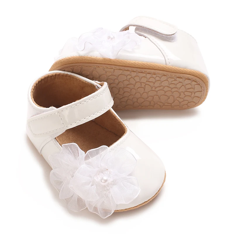 Baby Girl Soft Princess Dress Flat Shoes Baby Wedding Pearl Flower Decoration Mary Jane First Walk Newborn Shoes Baptism Shoes