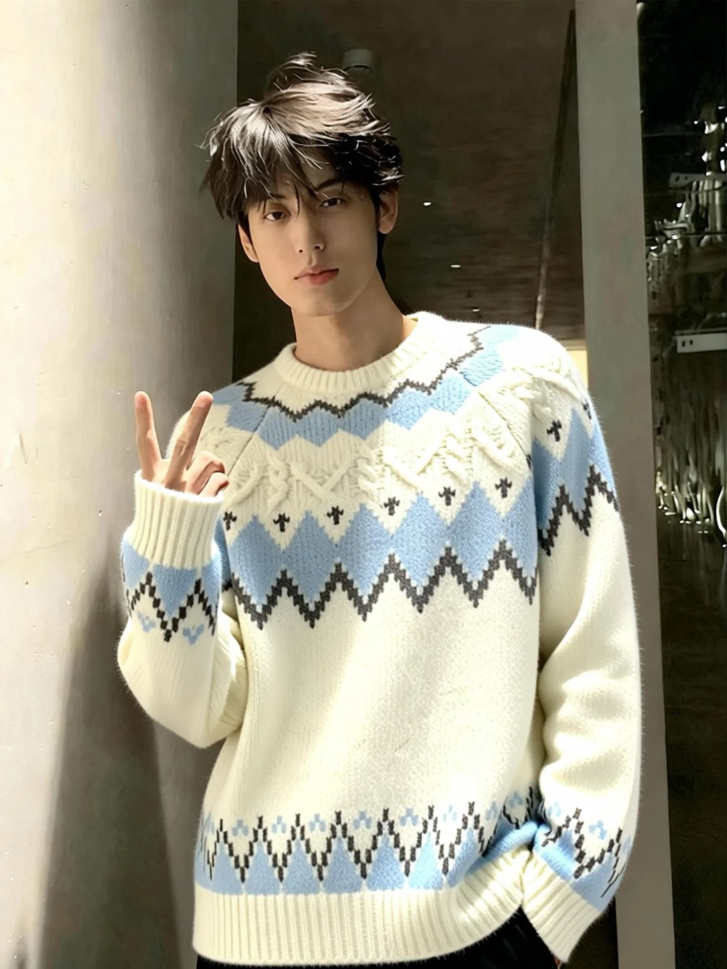 

White Fair Isle Ретро ромбовидный узор круглый вязаный свитер мужской осенне-зимний Cleanfit корейский Sle Camere вязаная основа...