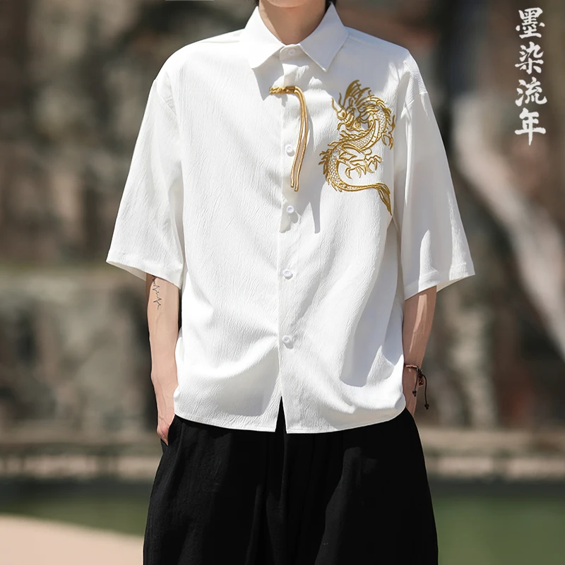 2025 Summer Chinese Dragon Embroidered Shirt Trendy Casual Short Sleeve Tops for Men Breathable Blend Fashion Clothing for Man